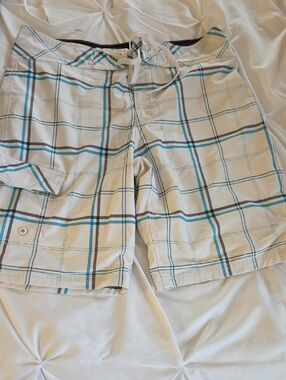 Mossimo Supply Co. Men's Plaid Swim Trunks in White and Blue